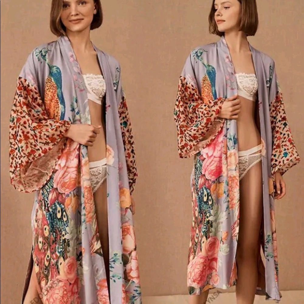 New Bohemian Floral Peacock Kimono Duster Jacket Robe Swim Cover Up - Picture 2 of 5